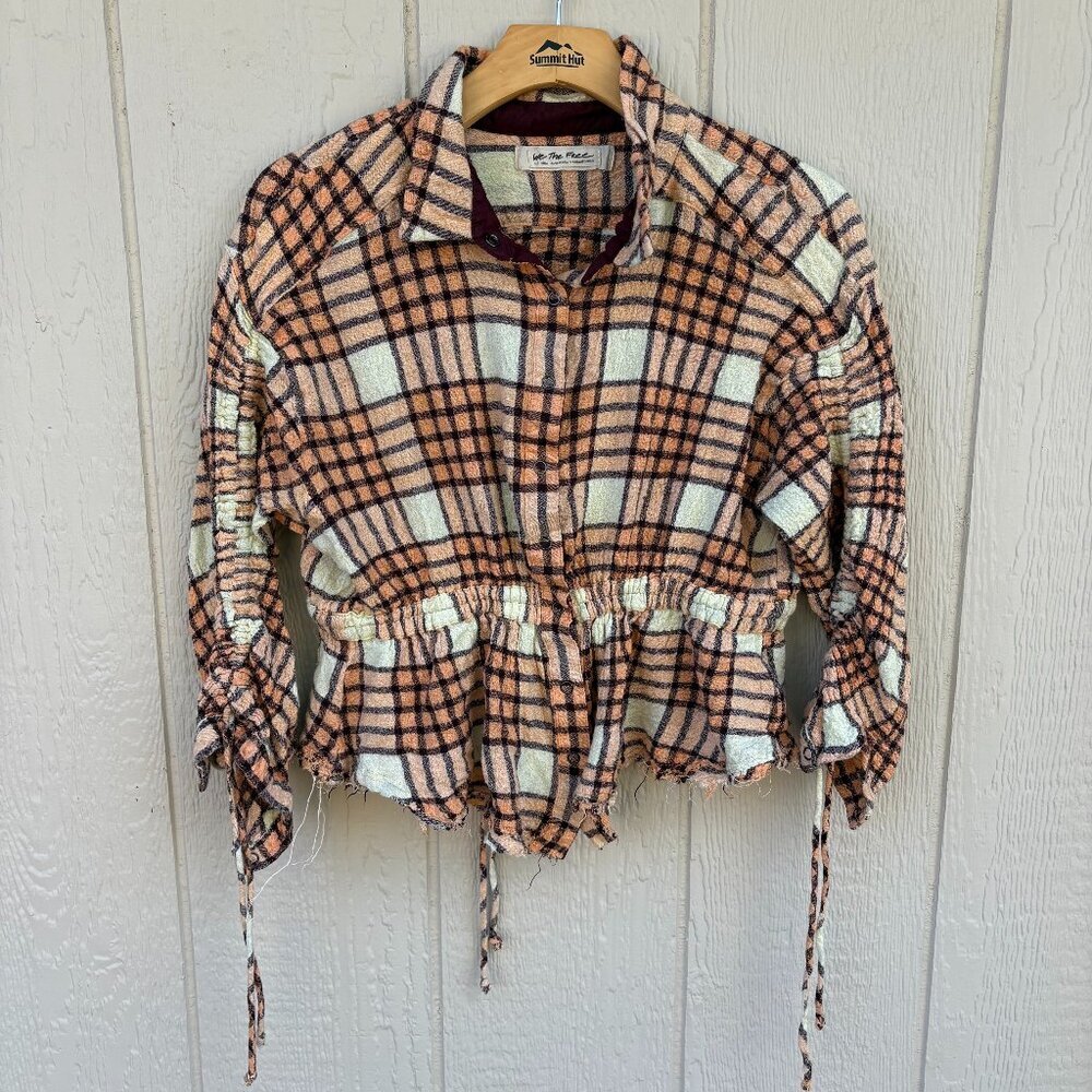 We The Free Pacific Dawn Button Down Shirt Women's Medium Peach Plaid Cottage - Picture 2 of 9